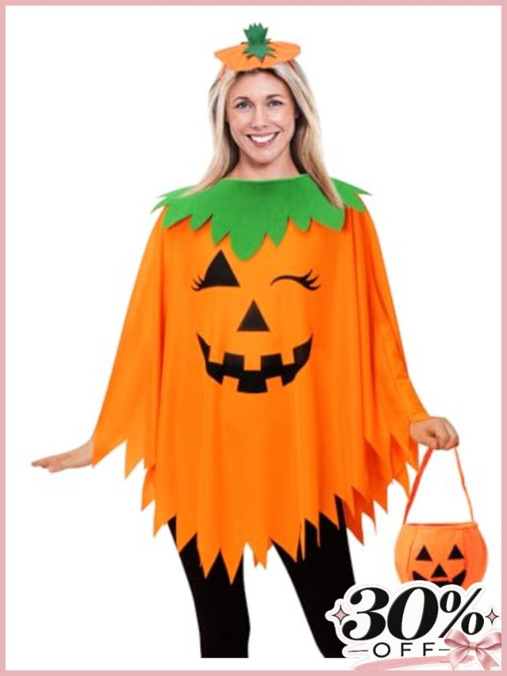 Pumpkin Costume Women Halloween Poncho Set 3Pcs Orange